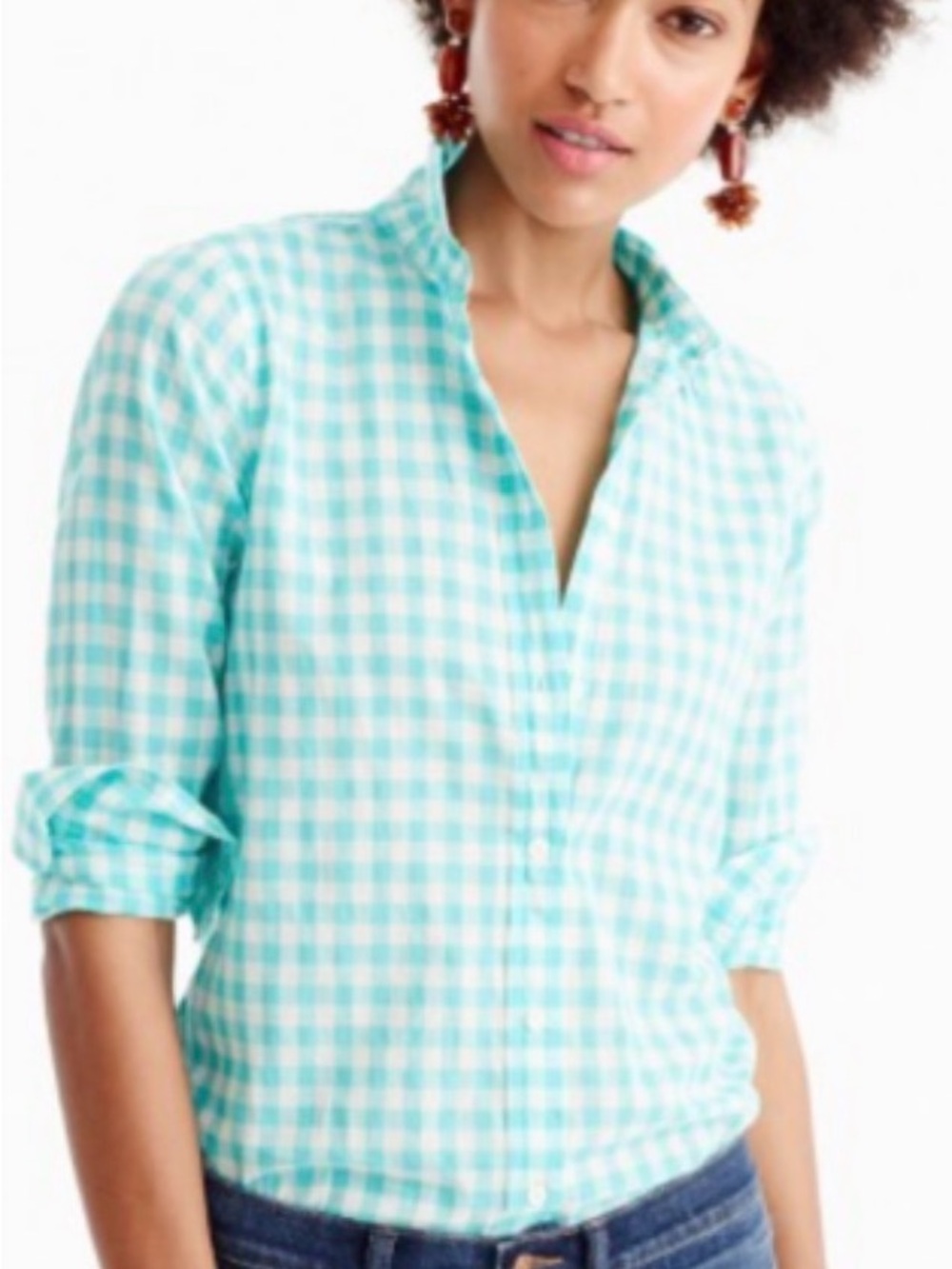 J. Crew Teal and White Gingham Long-Sleeve Button-Down Shirt- NEW!